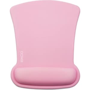 A pink mouse mat with a curved design and a wrist support section, featuring a logo.