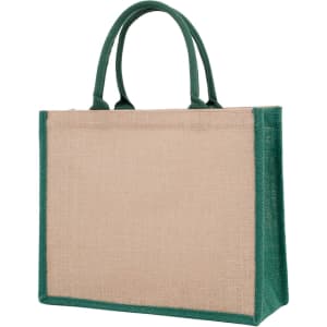 A jute tote bag in natural and dark green, featuring sturdy handles and a branded logo.
