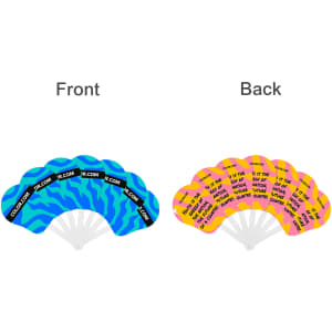 A seven-piece plastic hand fan featuring blue and pink designs with a logo and text on both sides.