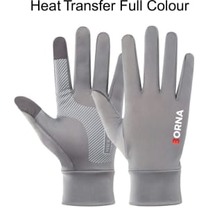 A pair of grey full finger gloves with a textured palm, featuring a logo on the wrist.