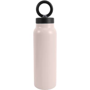 A drink bottle in a soft pink colour with a black screw-on lid and a circular handle. It features a logo.