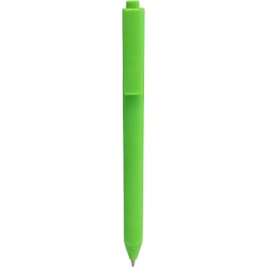 A triangular grip pen in bright green with a clip and a black ink tip.
