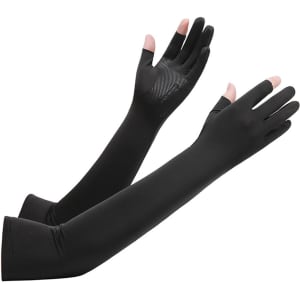 Long sleeve sun protective gloves in black, featuring two open fingers for dexterity. Includes a textured grip on the palms.