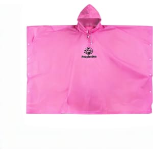 A pink reusable PEVA screen print rain poncho featuring a hood and snap closures, with a logo in the centre.