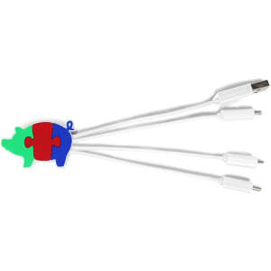 A custom PVC charging cable in the shape of a puzzle pig, featuring green, red, and blue colours, with multiple connectors.