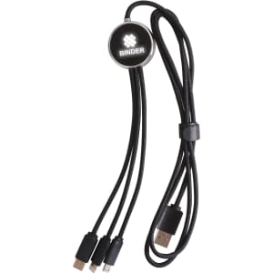 A 1.2m long charging cable in black, featuring three connectors and a round logo.