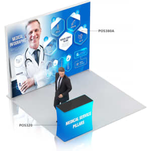 A large backlit display with a medical theme, featuring a doctor image and informational graphics, alongside a sleek counter.