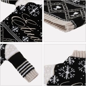 A drink bottle sleeve featuring a black and cream knitted design with intricate patterns and a snug fit.