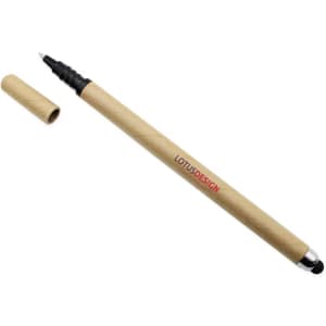 A wooden stylus pen with a touch head, featuring a removable cap and a brand logo.