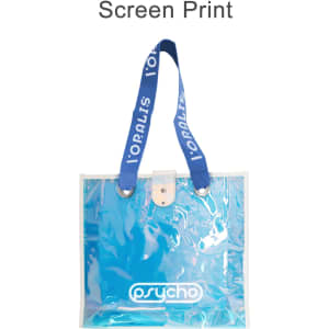 An iridescent clear tote bag with blue handles and a logo, featuring a shiny, transparent finish.