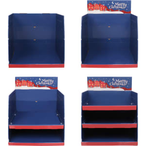 A three-tier counter display in blue with a festive red base, featuring a Christmas-themed design at the top.