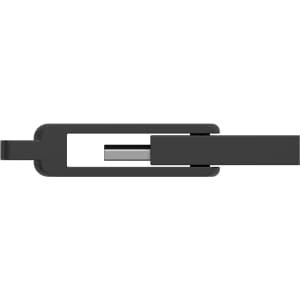 A black flash drive with a simple, sleek design and a brand logo. The drive features an extending connector.