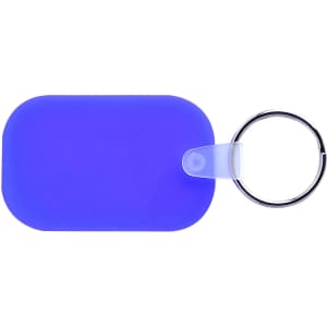 A purple oblong keyring with a silver keyring attachment, featuring a simple design and a smooth surface.