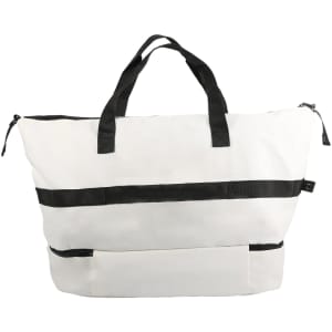 A white weekender bag with black straps and accents, featuring a zippered main compartment and front pocket.
