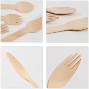 Disposable wooden cutlery in various sizes, including forks, spoons, and a 2-in-1 spoon and fork, all in light wood.