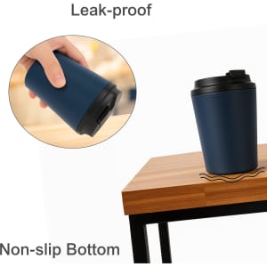 A blue stainless steel coffee mug with a lid and non-slip bottom, featuring a logo.