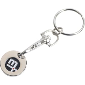 A silver keyring featuring an enamel trolley coin with a logo on it. The keyring has a circular design.