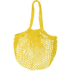 A yellow mesh grocery bag with two handles, featuring an open weave design.