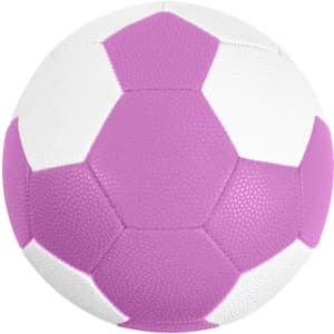 A machine-stitched PU handball featuring a pink and white design, with a textured surface and a logo.