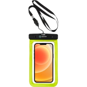 A waterproof phone bag in bright yellow with a black top and strap, featuring a smartphone inside.