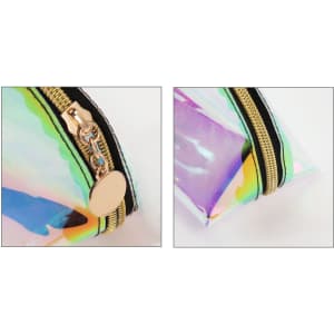 A holographic cosmetic pouch with a zip closure and gold hardware, featuring an iridescent surface and black trimming.