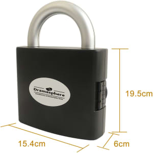 A padlock-shaped toolkit in black with a silver handle, featuring a logo on the front. Measures 19.5 cm by 15.4 cm.