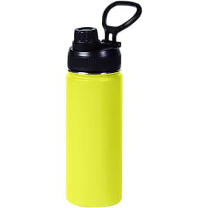 A drink bottle in vibrant yellow, featuring a black lid and carry handle, made from stainless steel with double-wall vacuum insulation.