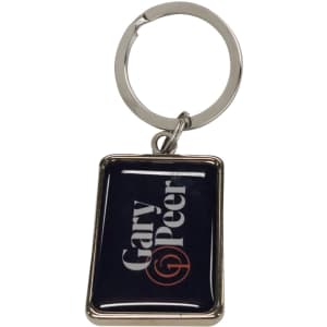 A custom-shaped metal keyring with a domed epoxy finish, featuring a rectangular design and a silver keyring.