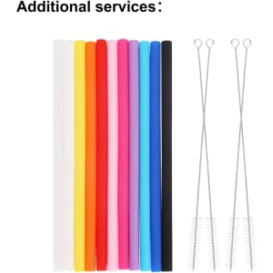 A selection of reusable silicone straws in various colours, accompanied by two cleaning brushes.