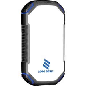 A rugged black and blue power bank with a logo on a white surface, designed for outdoor use.