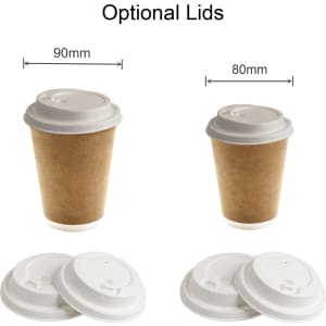 A set of custom disposable double wall kraft paper cups in brown, featuring optional white lids.