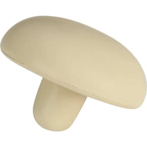 A cream-coloured mushroom-shaped stress reliever with a smooth surface, featuring a simple design and a branding logo.