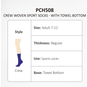 Crew woven sport socks in blue with a towel bottom, designed for adult sizes 7-12. Features a brand logo.