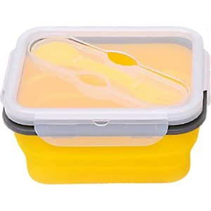 A yellow reusable silicone food storage container with a clear lid and integrated utensils. It has a sleek design and a logo.