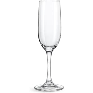 A clear, elegant wine glass with a tall stem and flared bowl. Features a simple design and has a logo.