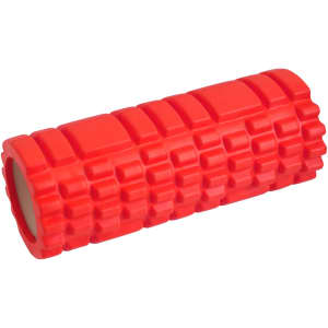 A red foam yoga roller featuring a textured surface and a cylindrical shape, with a logo visible.