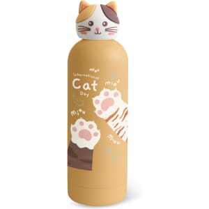 A drink bottle in a light brown colour featuring a cat-headed lid and paw prints. It includes a logo.