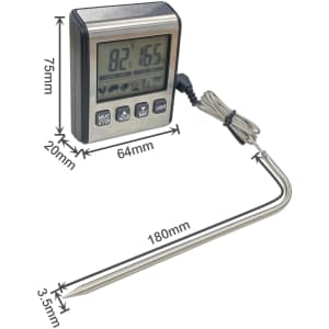 A digital oven thermometer featuring a stainless steel probe and a digital display in grey and silver.