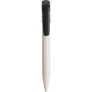 A wheat straw click pen in cream with a black clip. Features a smooth, tapered design. Includes a logo on the body.