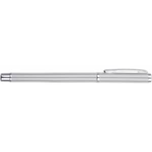A silver aluminium gel pen with a sleek design and a clip for easy attachment. Features a minimalistic style.