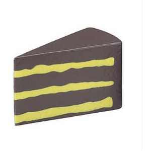 A chocolate cake-shaped stress reliever featuring brown and yellow detailing. It includes a logo.