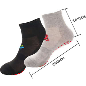 A pair of ankle-length socks in black and grey, featuring a logo and grip soles. Measurements are included.