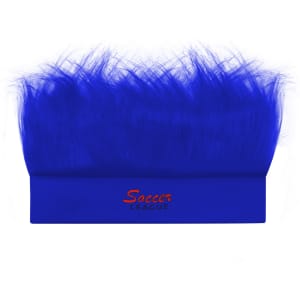 A bright blue headband wig with a fluffy design, featuring a logo on the band.