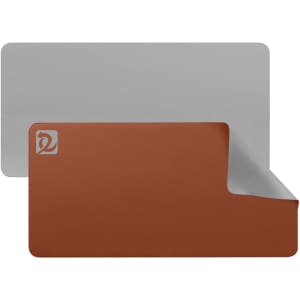 A PU leather desk mat in brown with a grey underside, featuring a logo in the corner.
