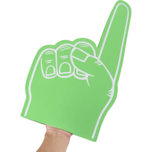 A large green foam hand raised in a number one gesture, featuring a white outline and details on the fingers.