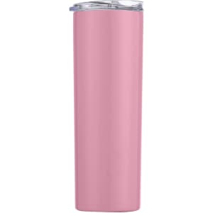 A drink bottle in a soft pink colour, featuring a transparent lid and a stainless steel body. It has a logo on the side.