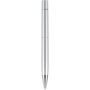A silver pen with a spray finish and a black tip. The pen features a sleek, modern design and includes branding.