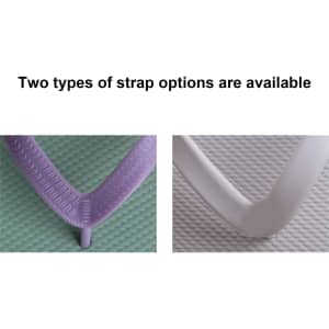 A close-up of two types of thong straps: one in purple and the other in white, featuring textured details.