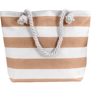 A large tote bag with white and copper stripes, featuring a rope handle with tassels. It has a branded logo.