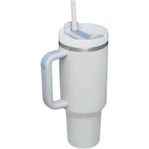 A drink bottle in white with a stainless steel lid, straw, and a handle. It features a logo on the side.
